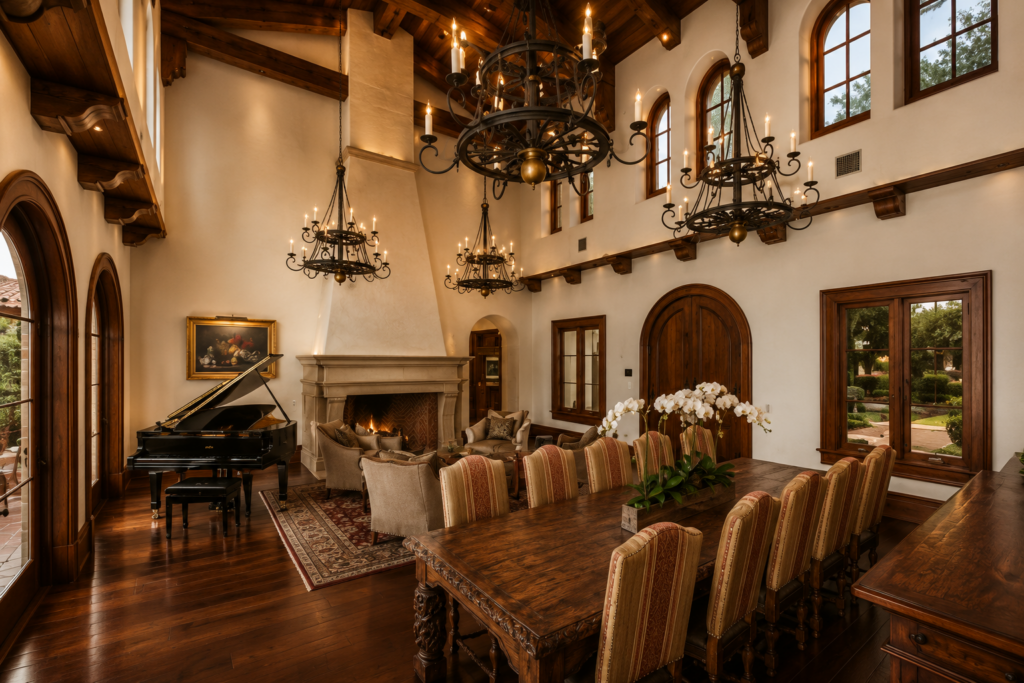 Two-story great room with exposed wood beams, three iron chandeliers, a cast stone fireplace, and a long carved dining table