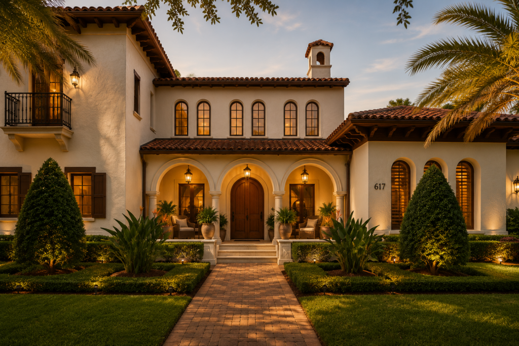Front elevation at twilight with stucco walls, arched windows, a wrought iron balcony, and a bell tower above the entry