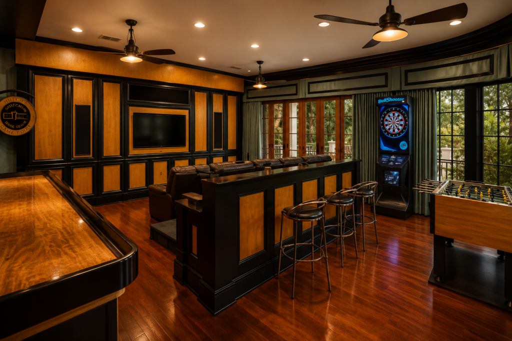 Game room with wood-paneled walls, a built-in bar with stools, a dartboard, and a foosball table