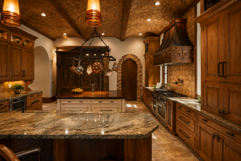 Kitchen with a stone island, copper range hood, brick arch above the range, and a hanging pot rack