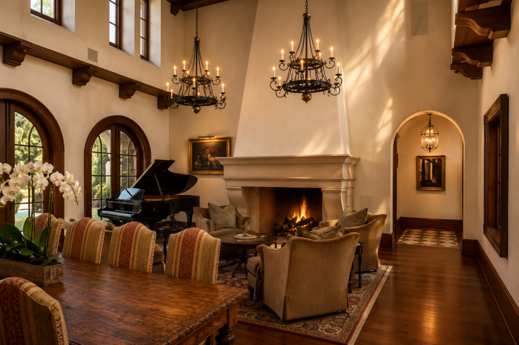 Living room with a lit cast stone fireplace, twin iron chandeliers, arched windows, and a grand piano