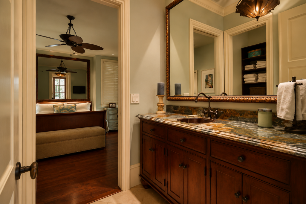 Primary bathroom vanity with a stone counter and wood cabinetry, opening through to the bedroom