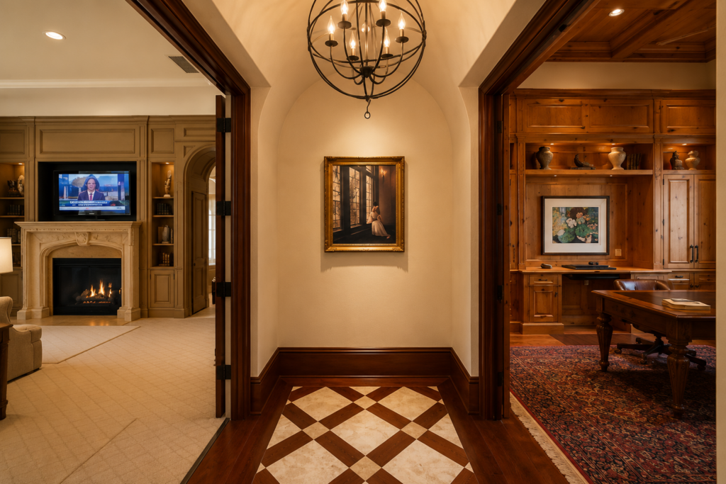 Entry hall with an orb chandelier and checkerboard marble floor, opening to a sitting room and a wood-paneled office