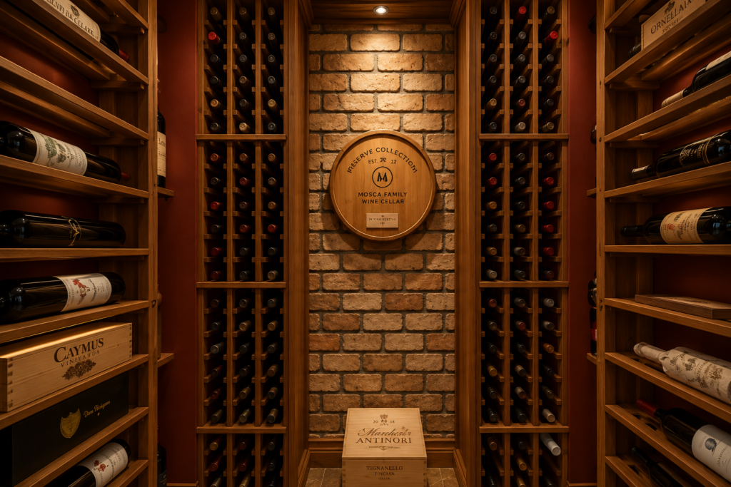 Wine cellar with wood racking, a brick accent wall, and a carved barrel head mounted as a centerpiece