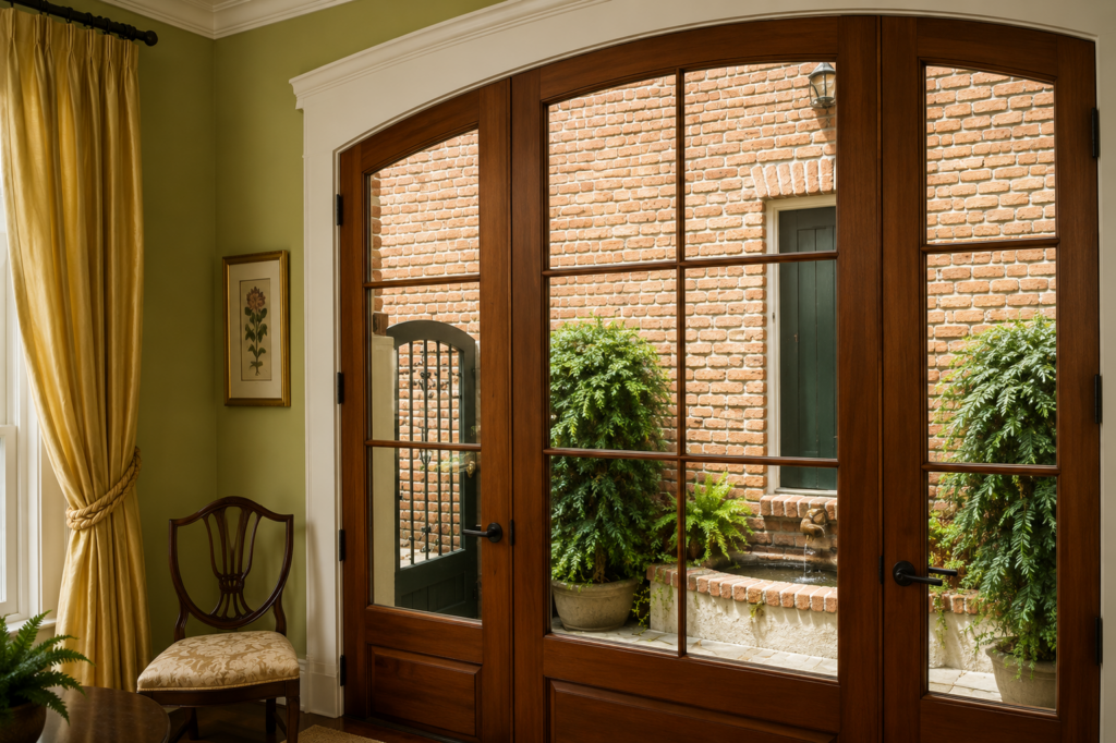 Garden View arched wood French doors looking out to brick courtyard with fountain by Posada Custom Homes in Orlando, FL