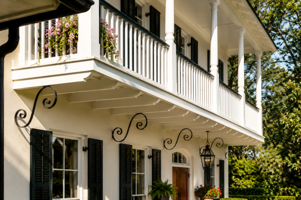 Garden View balcony detail with decorative wrought iron scroll brackets and hanging flowers by Posada Custom Homes in Orlando, FL