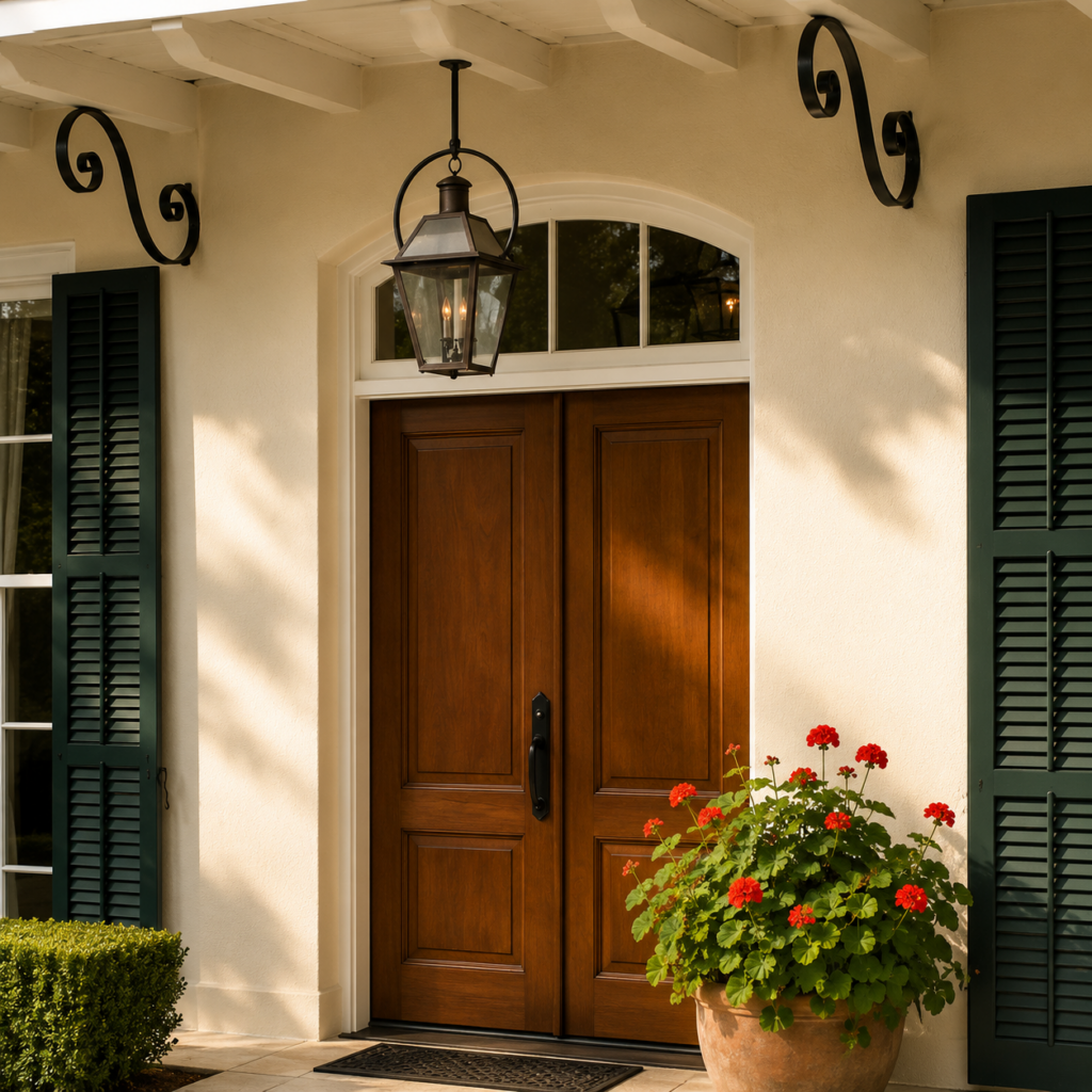 Garden View front entry with wood double doors, arched transom, and hanging lantern by Posada Custom Homes in Orlando, FL