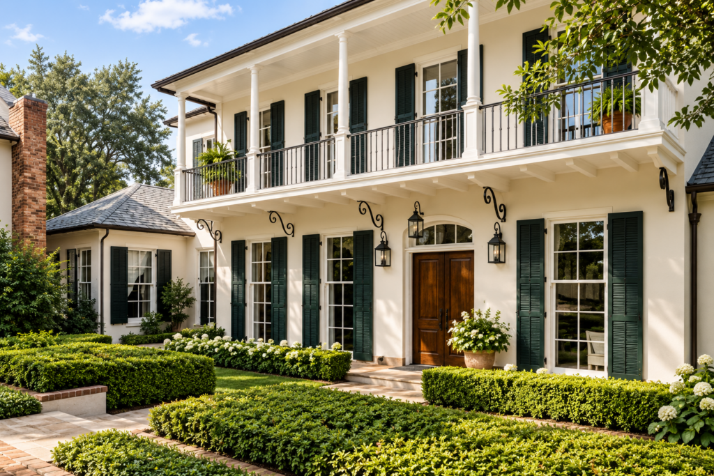 Garden View front facade with green louvered shutters and boxwood hedges by Posada Custom Homes in Orlando, FL