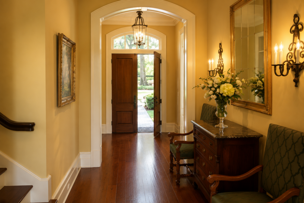 Garden View grand foyer with arched doorway, pendant light, staircase, and gold mirror by Posada Custom Homes in Orlando, FL