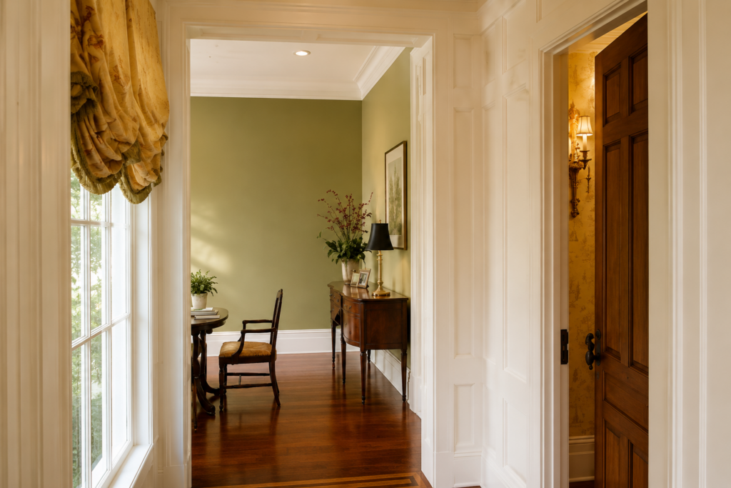 Garden View interior hallway with white wainscoting, sage green walls, and hardwood floors by Posada Custom Homes in Orlando, FL