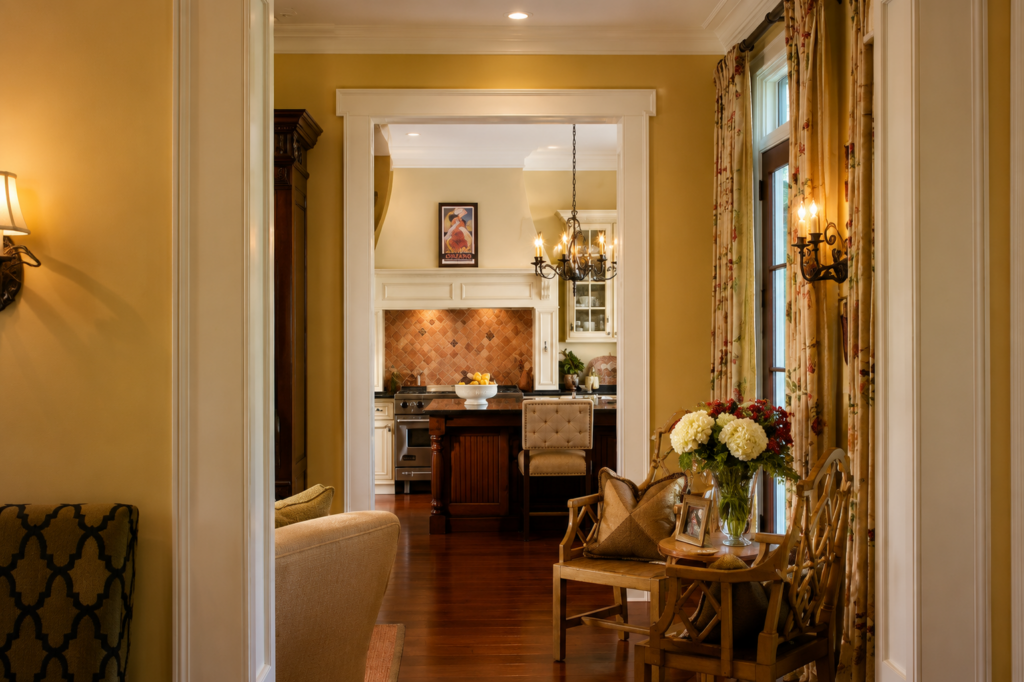 Garden View living room view through to kitchen with iron chandelier and tile backsplash by Posada Custom Homes in Orlando, FL