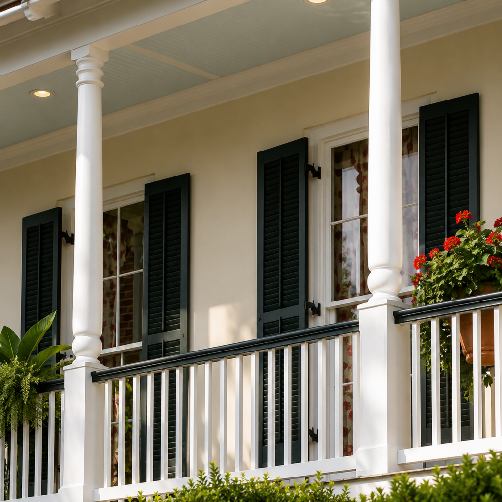 Garden View second-floor balcony with white columns, railing, and red geraniums by Posada Custom Homes in Orlando, FL