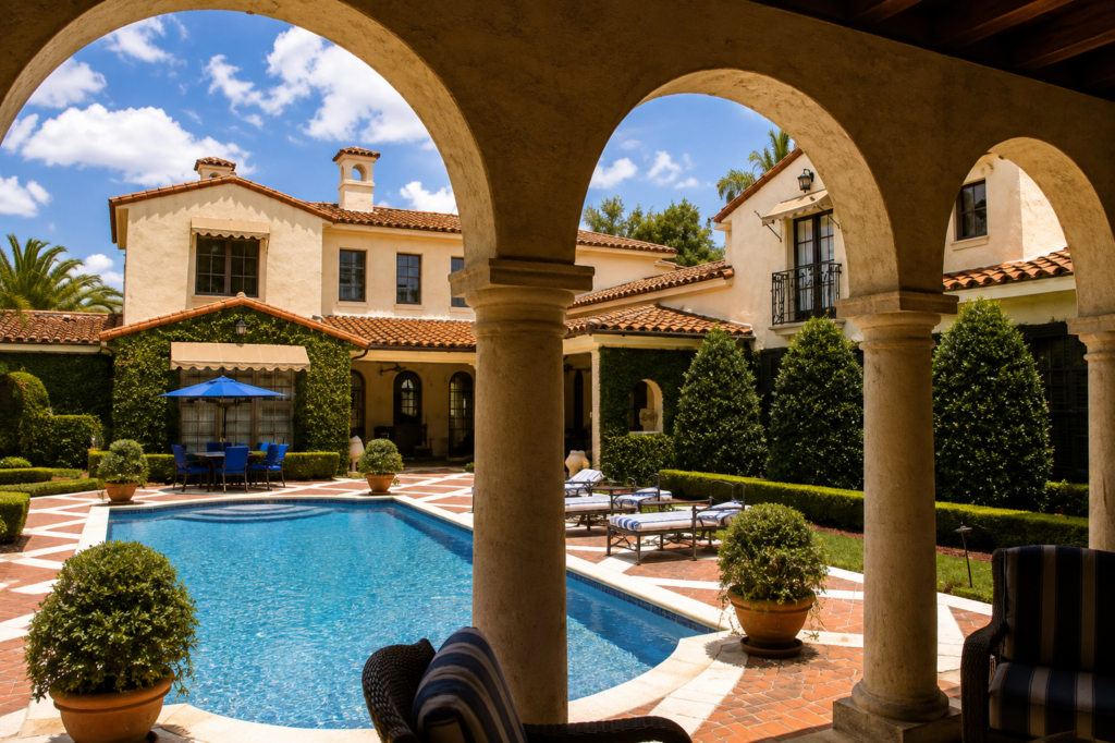 Italianate courtyard pool viewed through arched colonnade with stucco exterior and manicured hedges by Posada Custom Homes in Orlando, FL