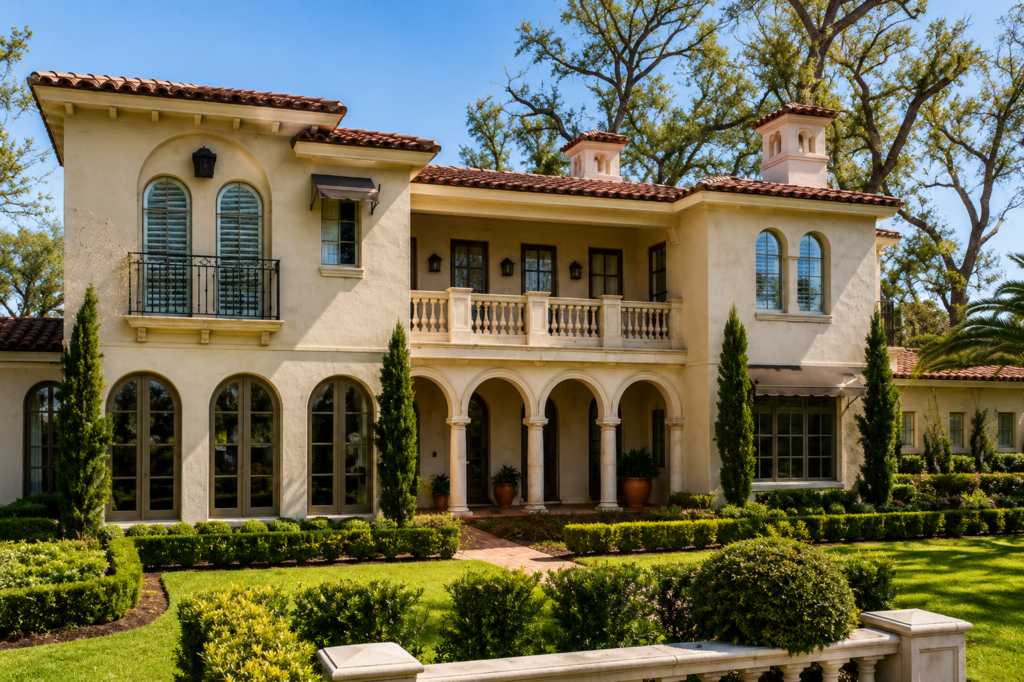 Italianate front exterior facade with stucco walls, arched windows, clay tile roof, and formal landscaping by Posada Custom Homes in Orlando, FL