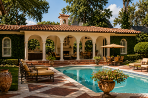 Italianate pool and covered loggia with arched columns, outdoor kitchen, and terra cotta tile deck by Posada Custom Homes in Orlando, FL