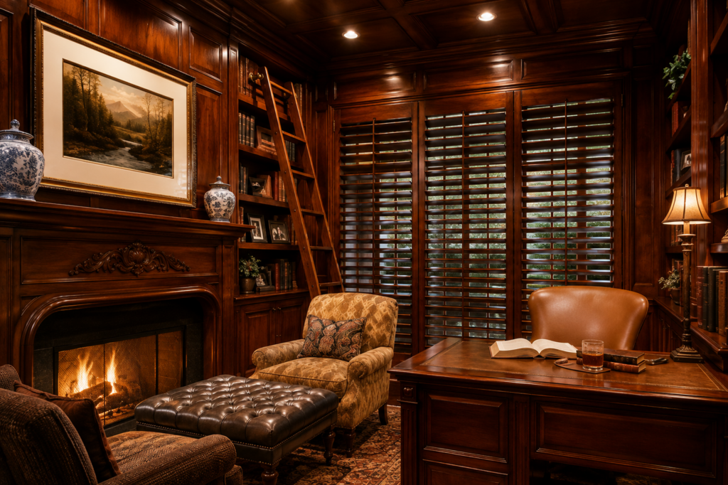 Italianate wood-paneled study with fireplace, rolling library ladder, coffered ceiling, and leather desk by Posada Custom Homes in Orlando, FL