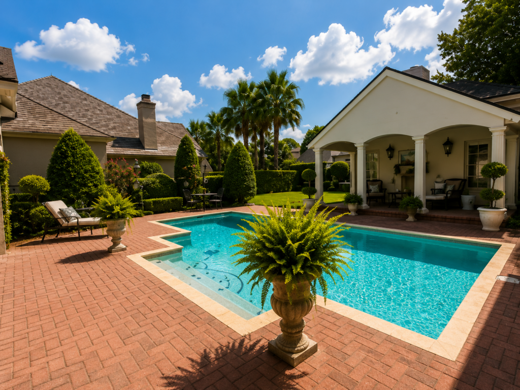 Neoclassical backyard pool and covered patio by Posada Custom Homes in Orlando, FL