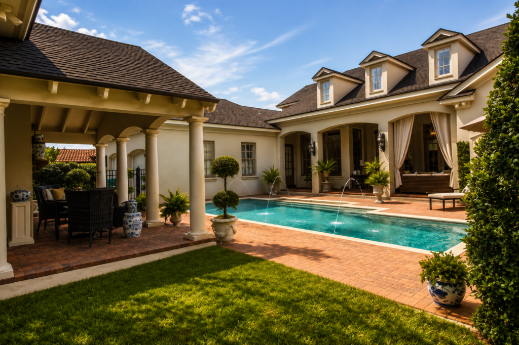 Neoclassical courtyard pool with fountains and loggia by Posada Custom Homes in Orlando, FL