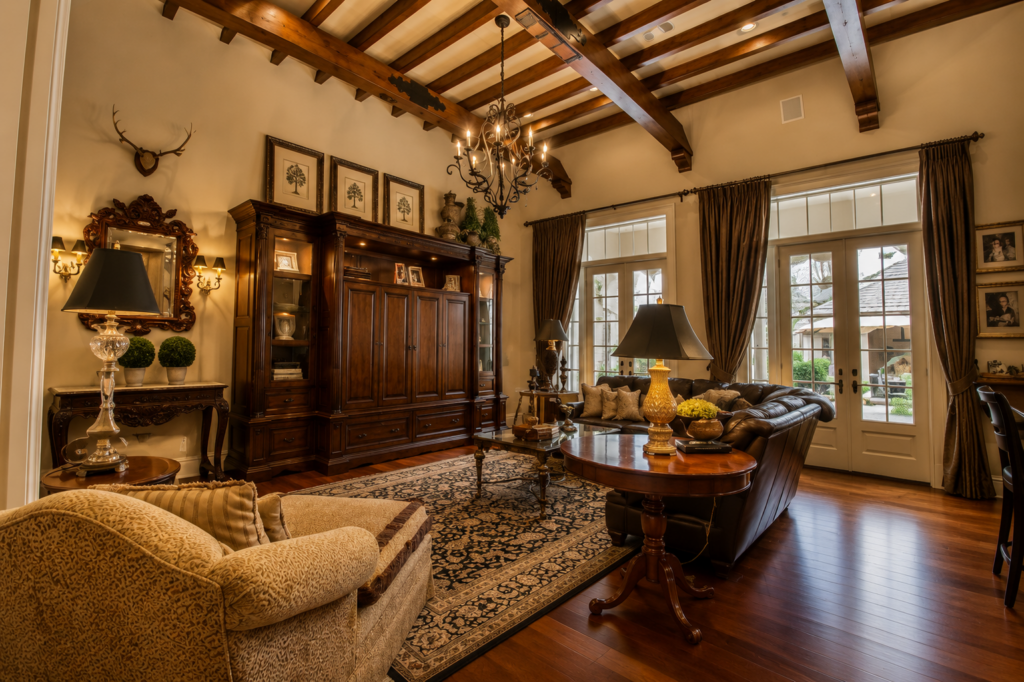 Neoclassical family room with exposed beam ceiling by Posada Custom Homes in Orlando, FL
