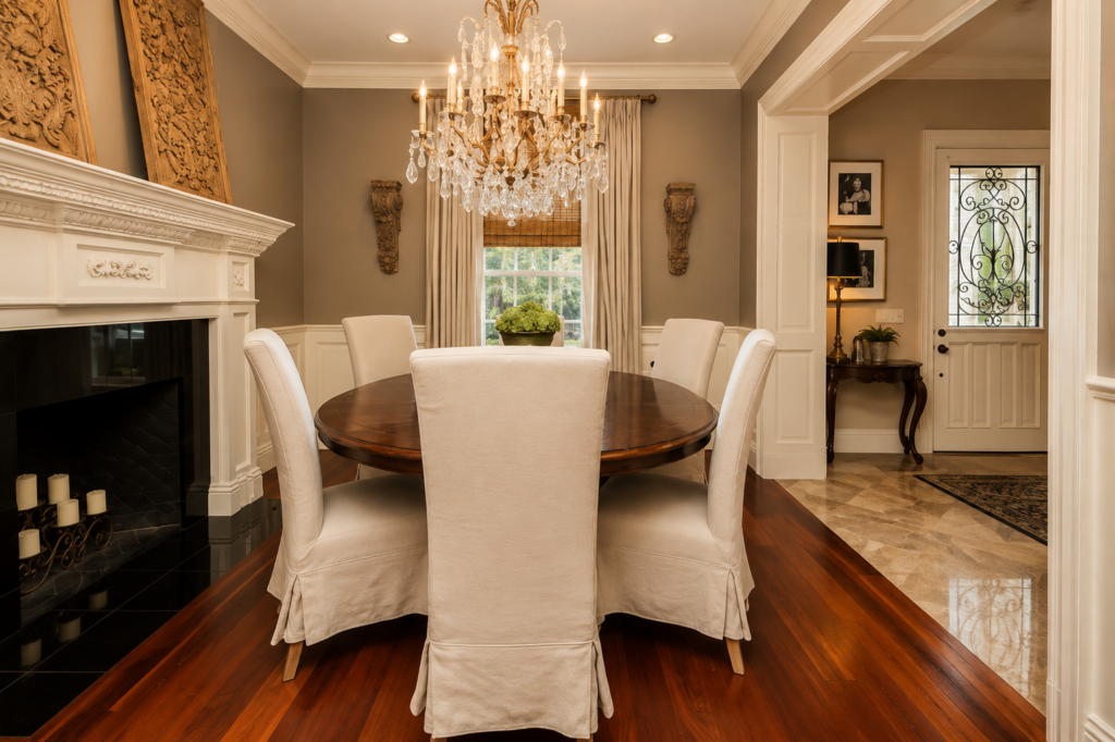 Neoclassical formal dining room with crystal chandelier and fireplace by Posada Custom Homes in Orlando, FL
