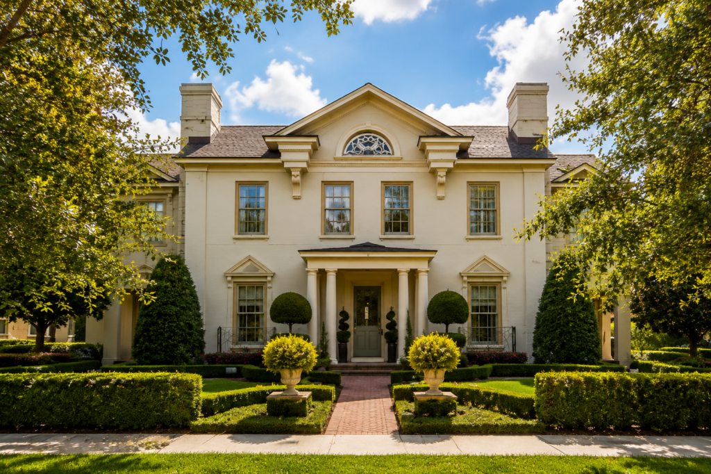 Neoclassical front exterior with columned portico by Posada Custom Homes in Orlando, FL