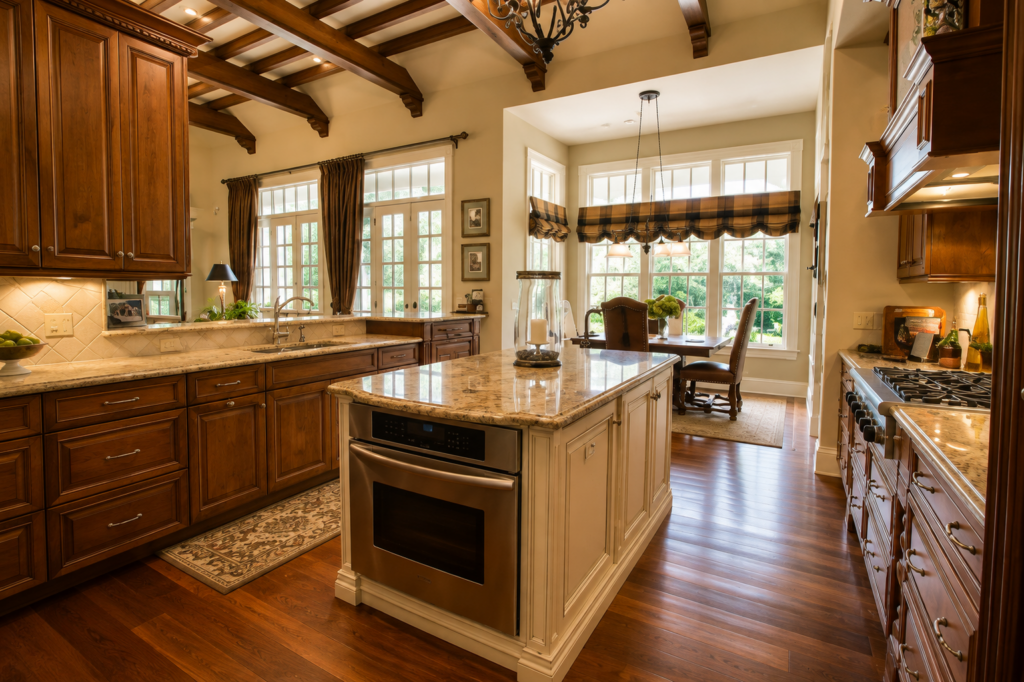 Neoclassical gourmet kitchen with granite island and breakfast nook by Posada Custom Homes in Orlando, FL