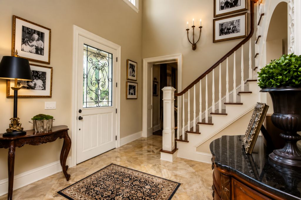 Neoclassical grand foyer with staircase by Posada Custom Homes in Orlando, FL