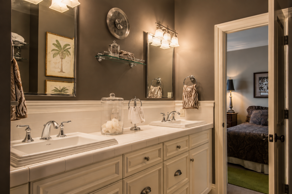 Neoclassical guest bathroom with double vanity by Posada Custom Homes in Orlando, FL