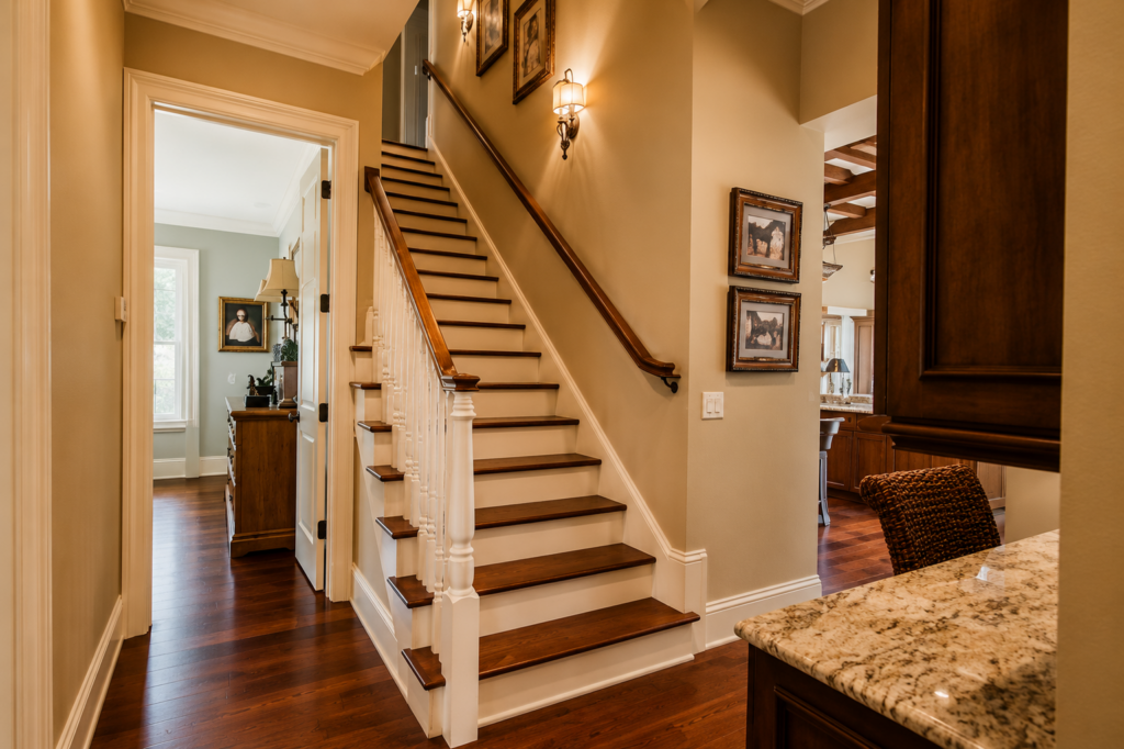 Neoclassical hallway staircase with hardwood treads by Posada Custom Homes in Orlando, FL