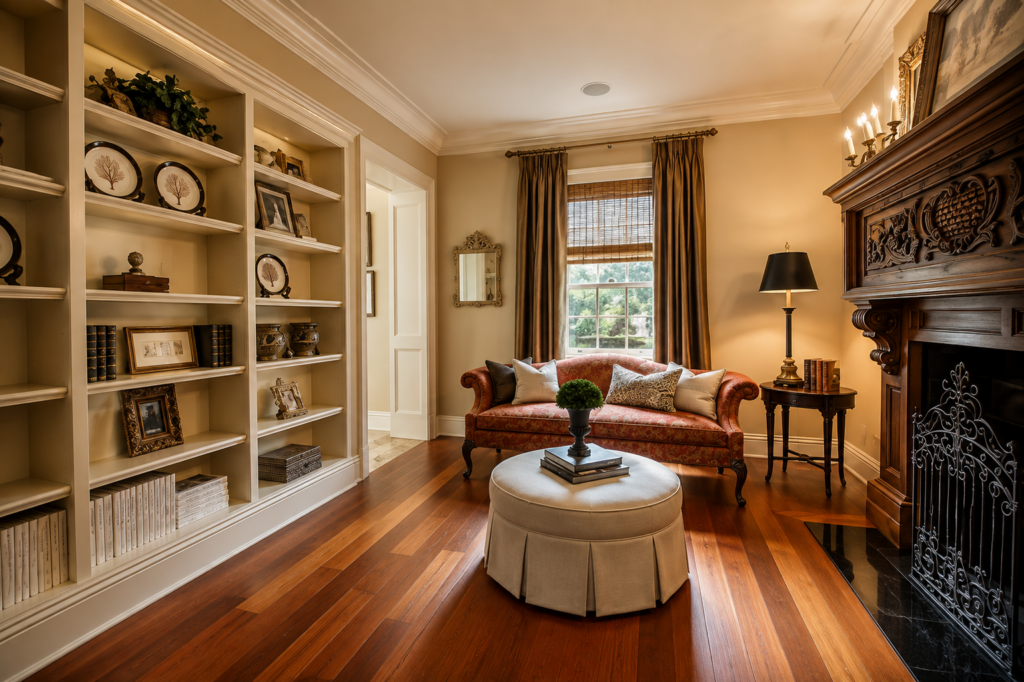 Neoclassical library with built-in bookshelves and fireplace by Posada Custom Homes in Orlando, FL