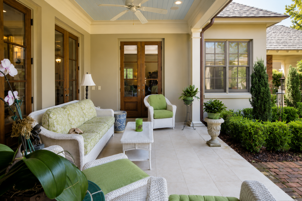 Urban Life Low Country covered porch with white wicker furniture and blue haint ceiling by Posada Custom Homes in Orlando, FL