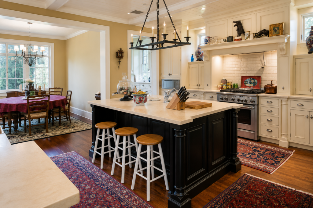 Urban Life Low Country kitchen with black center island, cream cabinetry, and breakfast nook by Posada Custom Homes in Orlando, FL