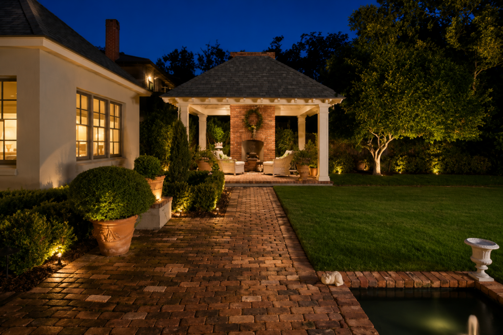 Urban Life Low Country outdoor pavilion with brick fireplace and garden lighting at night by Posada Custom Homes in Orlando, FL
