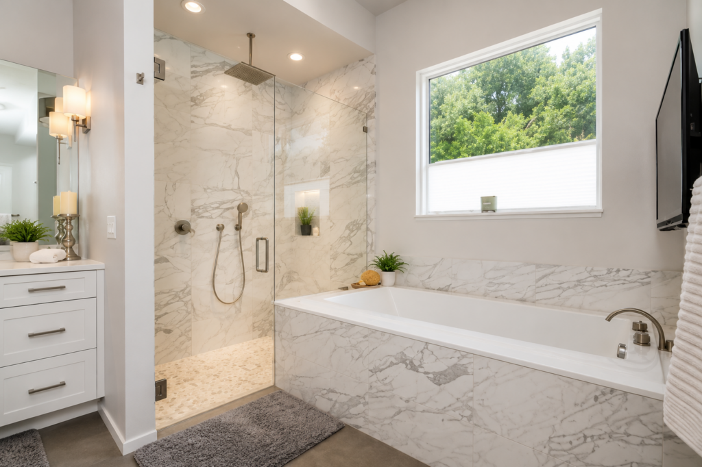 Urban Life master bathroom with marble-tiled walk-in shower, soaking tub, and rain showerhead by Posada Custom Homes in Orlando, FL