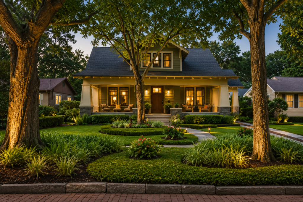 Evening picture of front elevation of Craftsman Bungalow home