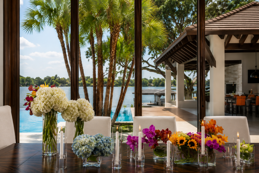 Covered outdoor dining area with exposed timber beams looking across the pool to the lake