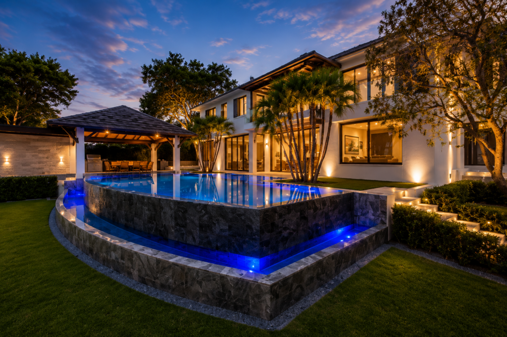 Rear elevation at dusk with a raised stone-clad vanishing edge pool and covered outdoor kitchen