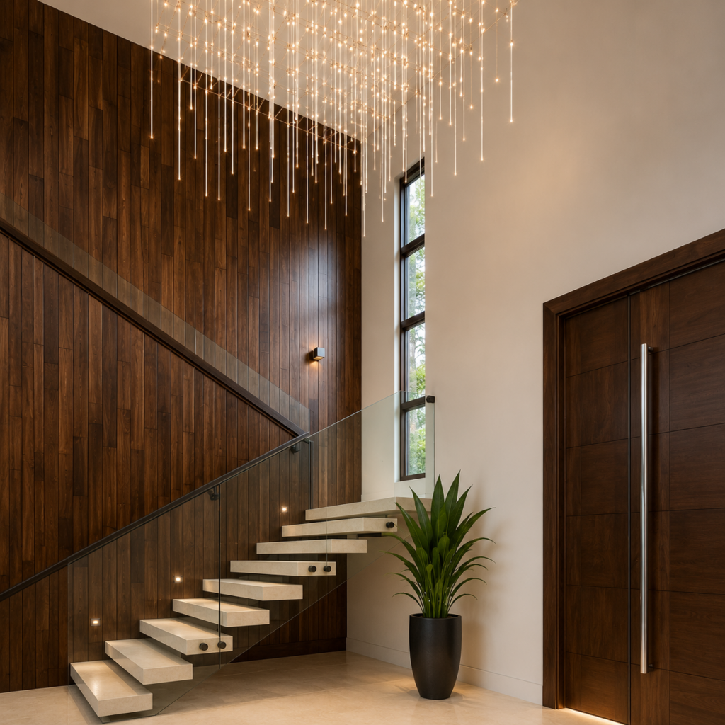12. Floating stone stair with a glass rail against a walnut plank wall, under a cascading pendant light