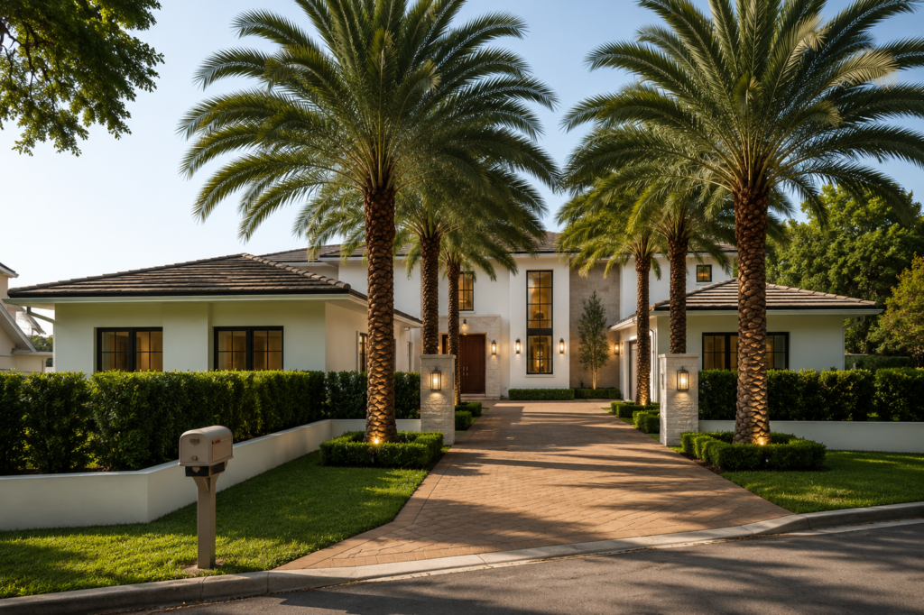 Front elevation with a paver motor court, tile roof, and mature palms flanking the entry