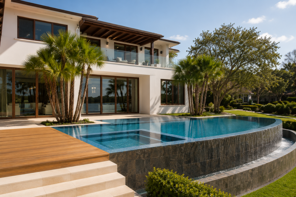 Vanishing edge pool with a raised spa, ipe deck, and stone-clad edge wall beside the rear elevation