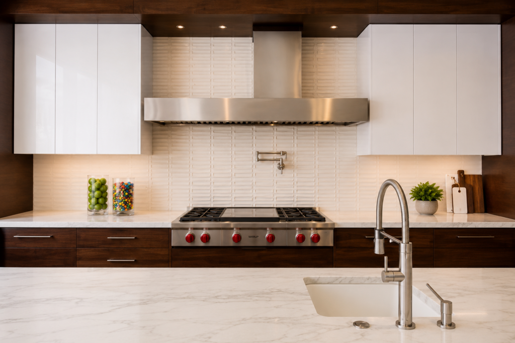 Kitchen range wall with a stainless hood, pot filler, textured tile backsplash, and marble counters