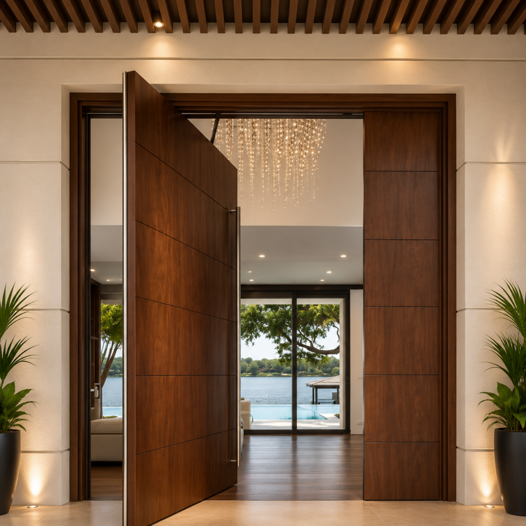 Pivoting walnut entry door opening on a straight sightline through the house to the pool and the lake beyond
