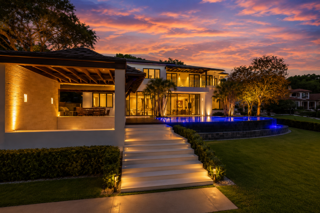Rear elevation at sunset with the pool lit, stone terrace steps, and landscape lighting through the yard