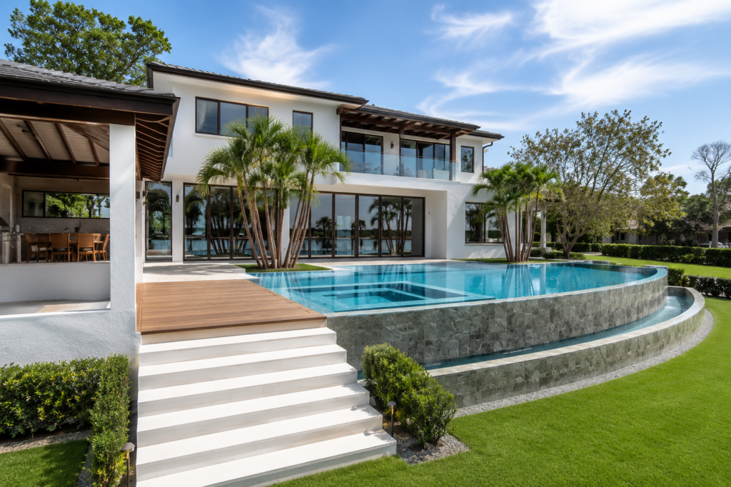 Rear elevation with a two-story glass wall, second-floor balcony, and vanishing edge pool above the lawn