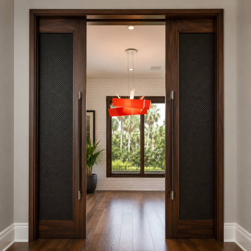 Pivoting walnut entry door opening on a straight sightline through the house to the pool and the lake beyond