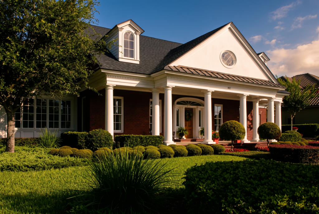 Front elevation with a full-height columned portico, oval fanlight in the pediment, and clipped boxwood hedging