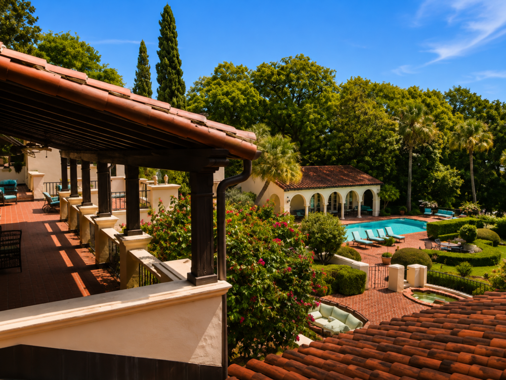 Covered loggia with exposed timber rafters and a clay tile roof, looking out over the pool terrace