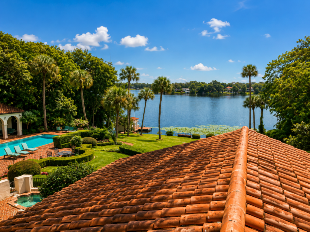 Clay pan and cap tile roof in the foreground with the pool terrace and the lake beyond
