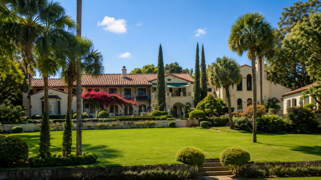 Lakefront elevation across the lawn, framed by palms and Italian cypress