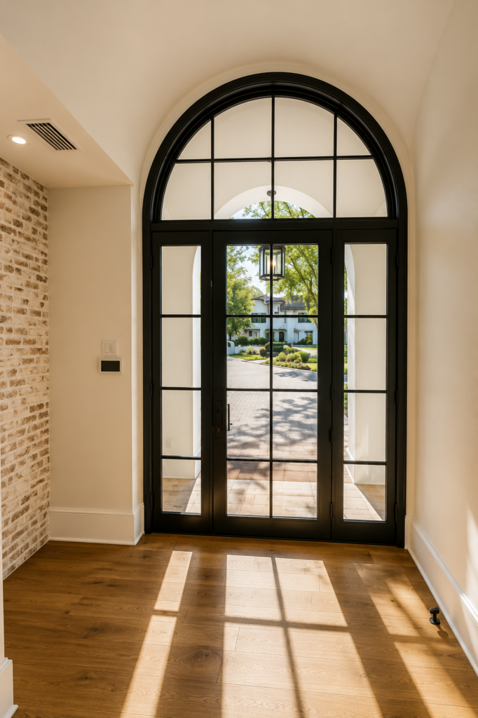 Entry hall with an arched black steel door and transom, whitewashed brick, and wide plank oak floors